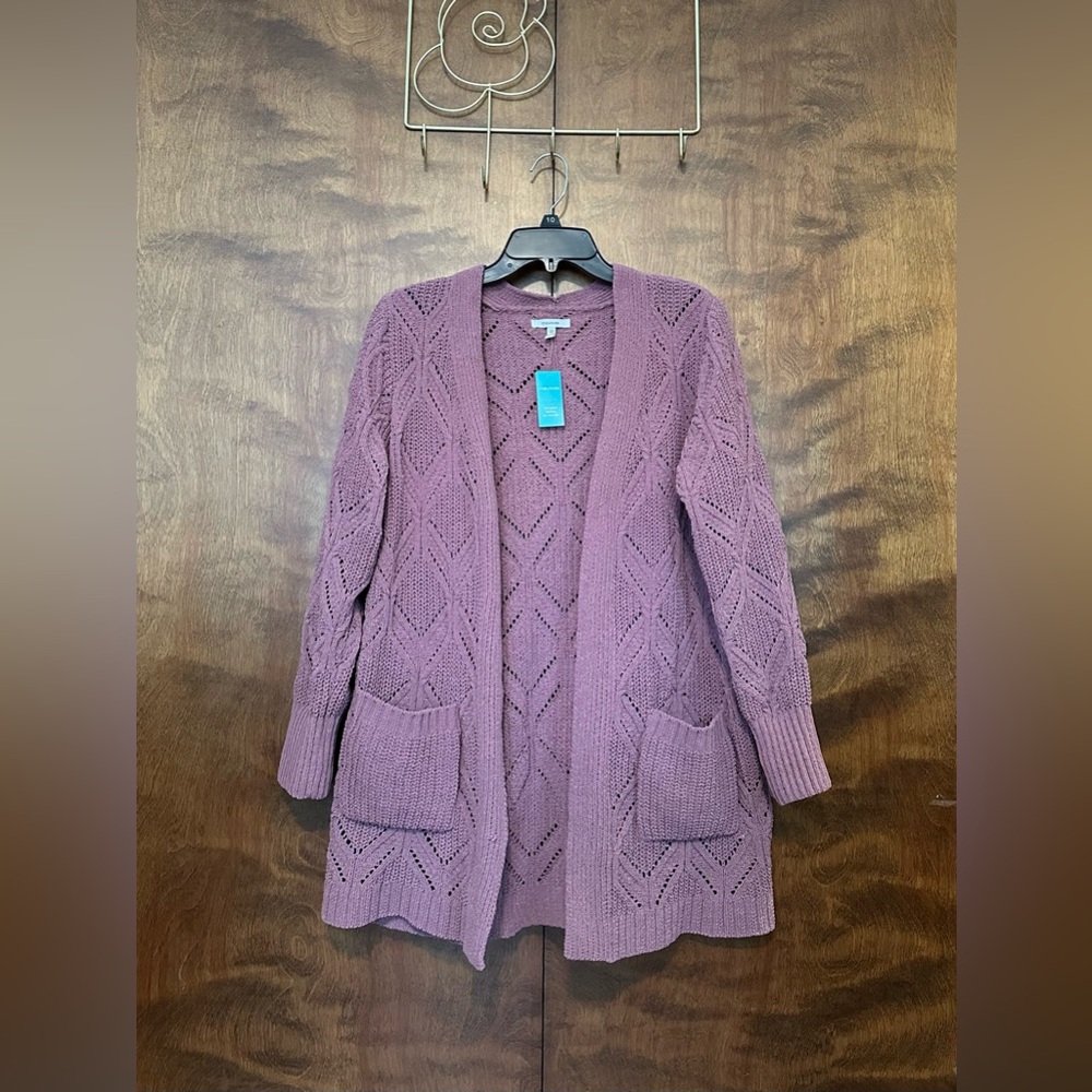 Maurices Long Sleeve Diamond Stitch Open Cardigan Womens L Mauve Pink Stretch